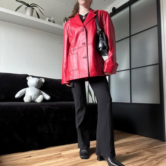 NWT Vintage 90s Sequence Button-Up Red Leather Blazer - Picture 3 of 7